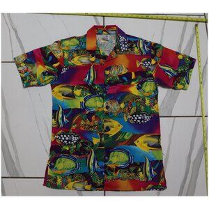 VINTAGE Hawaiian Shirt Mens Small Blue Yellow Red Fish Button Up 80s *